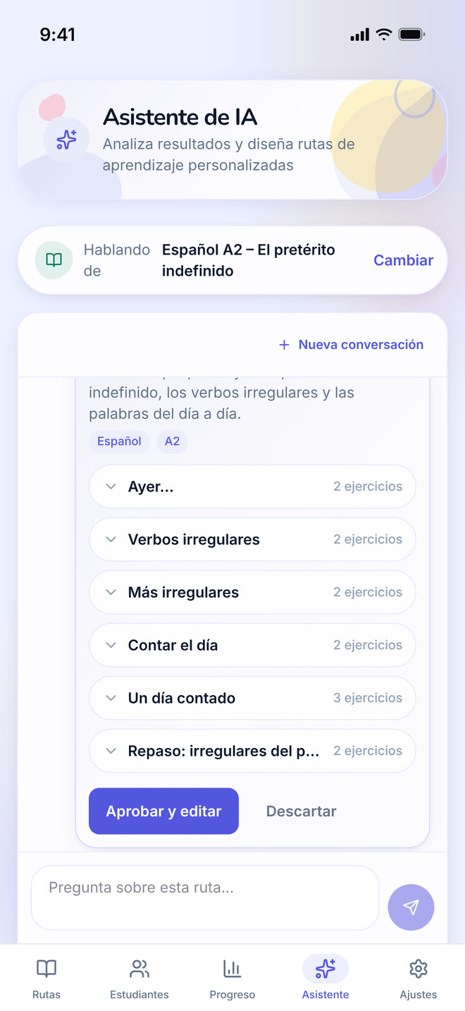 Assistant on phone: The assistant answering a question about a path and proposing a lesson to add, with an approve control. Interface in Spanish, invented demo data.