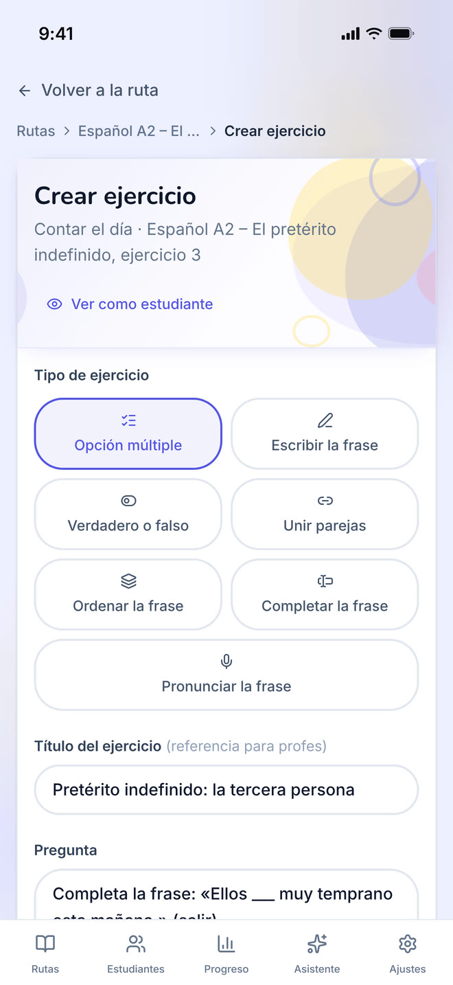 Exercise editor on phone: The form one exercise is written in, filled with a multiple-choice question. Interface in Spanish, invented demo data.