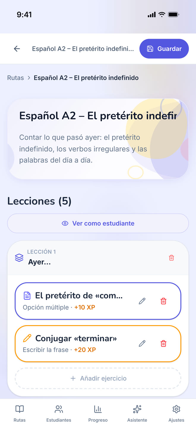Path editor on phone: One path opened for editing: its lessons, in order. Interface in Spanish, invented demo data.
