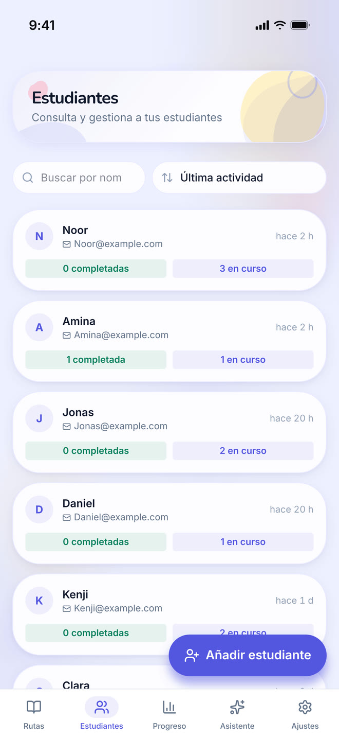 Students on phone: The tutor’s roster: every student they teach, in one searchable list. Interface in Spanish, invented demo data.