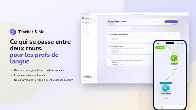 Poster card “Ce qui se passe entre deux cours, pour les profs de langue”: The one card that says what the product is: logo, tagline and both apps side by side. Interface in French, invented demo data.