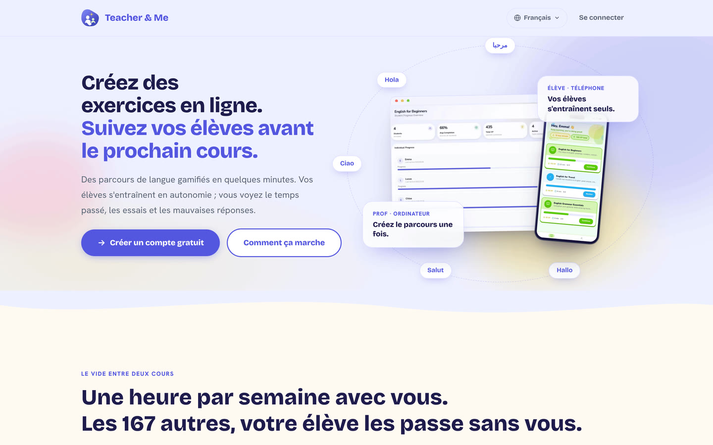 Homepage on desktop: The public homepage as it first paints, above the fold. Interface in French, invented demo data.
