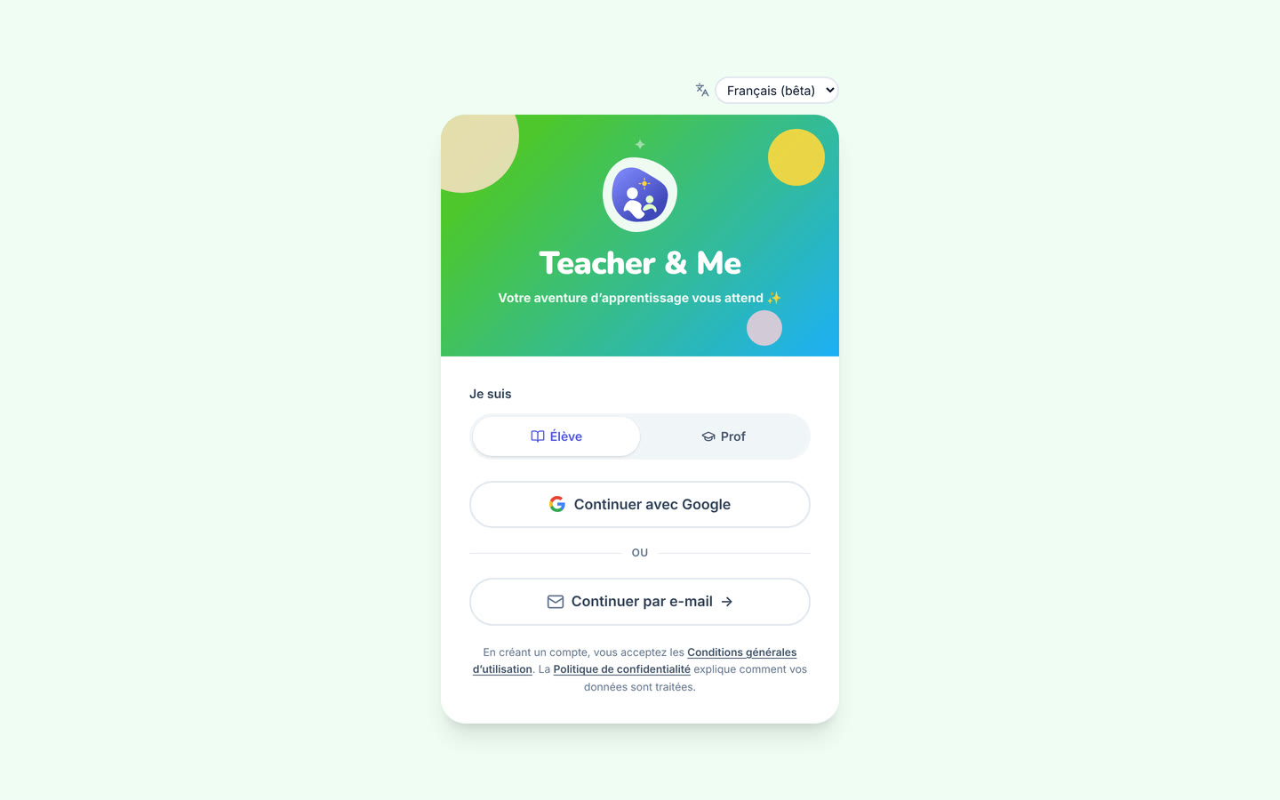 Sign in on desktop: The single sign-in card, shared by students and tutors. Interface in French, invented demo data.