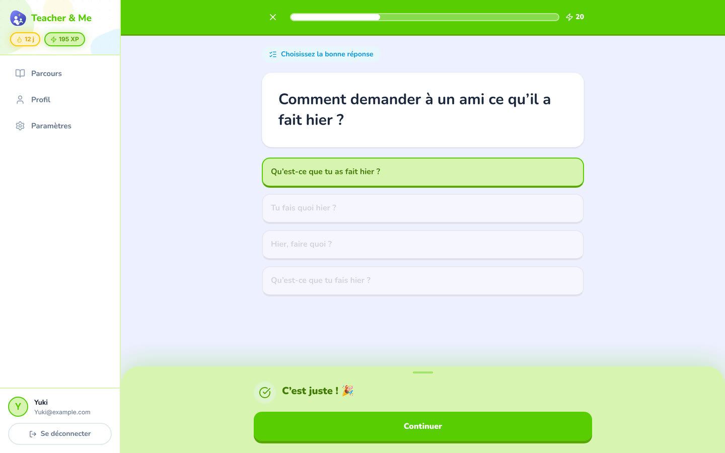 Multiple choice, answered on desktop: A multiple-choice question just answered correctly, showing the feedback state. Interface in French, invented demo data.