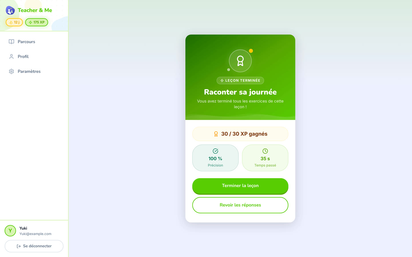 Lesson complete on desktop: The card that closes a finished lesson. Interface in French, invented demo data.