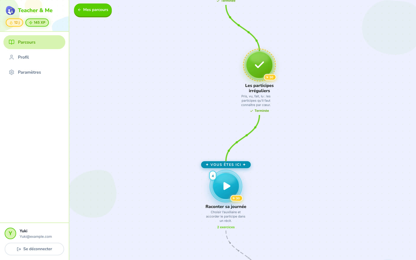 Lesson map on desktop: The winding map the student walks, one lesson at a time. Interface in French, invented demo data.
