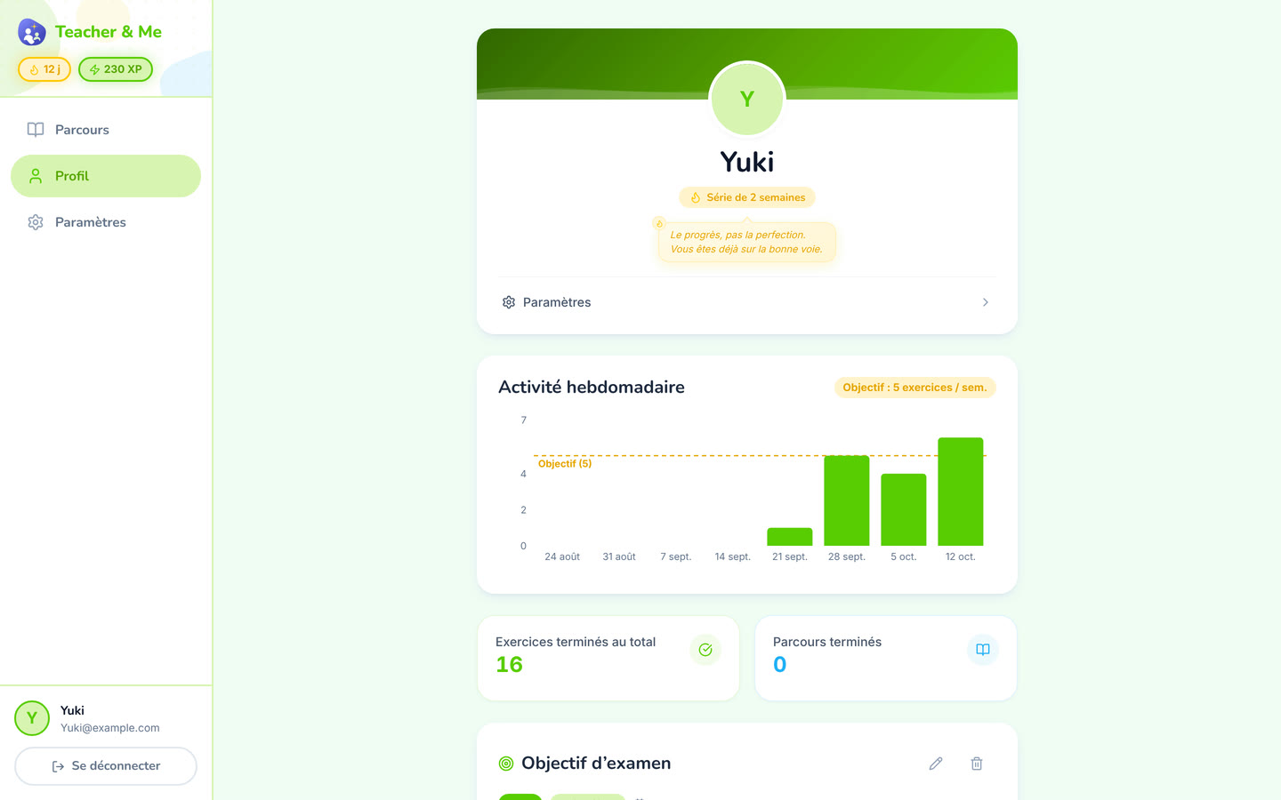 Student profile on desktop: The student’s own progress, away from any single path. Interface in French, invented demo data.