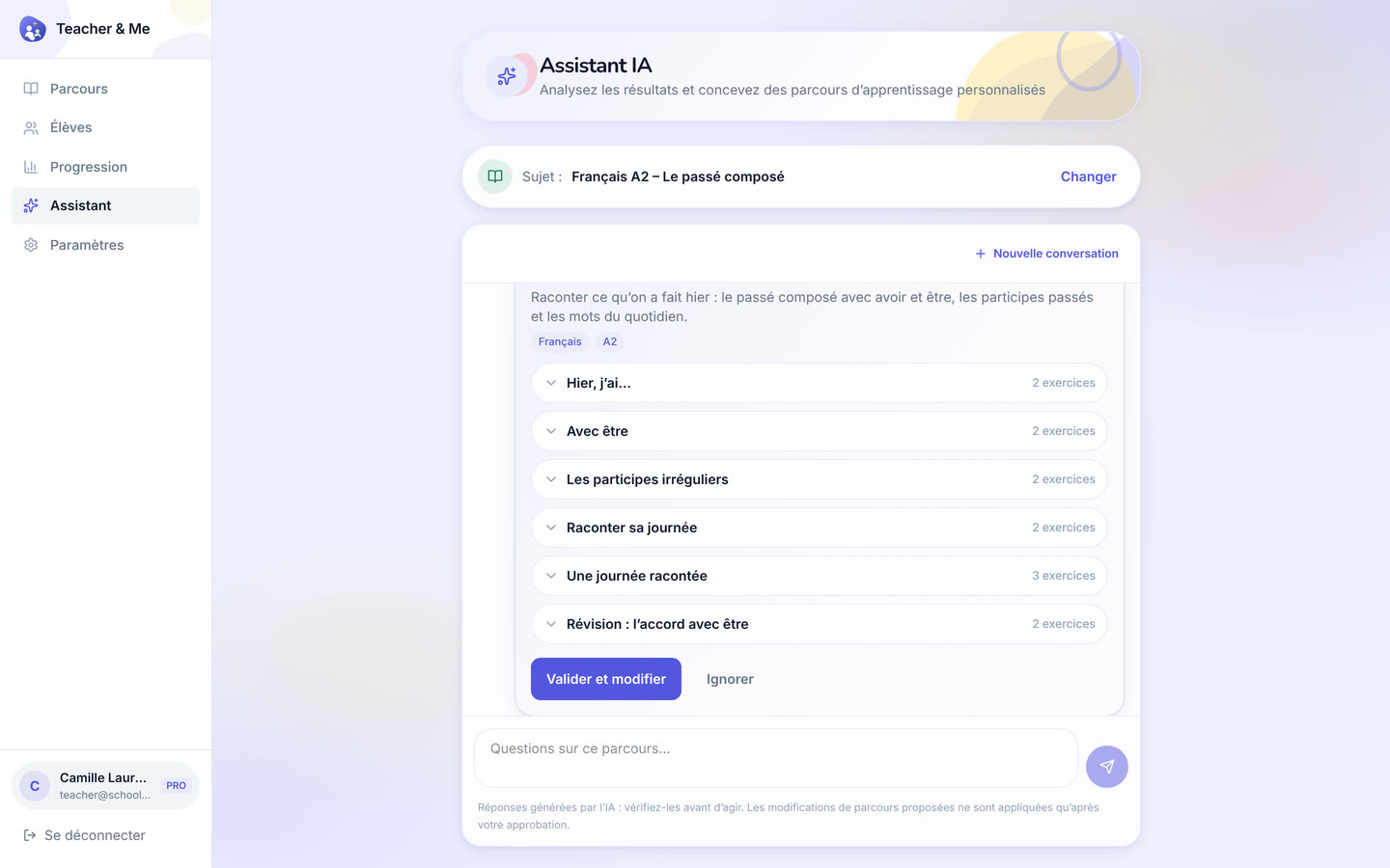 Assistant on desktop: The assistant answering a question about a path and proposing a lesson to add, with an approve control. Interface in French, invented demo data.