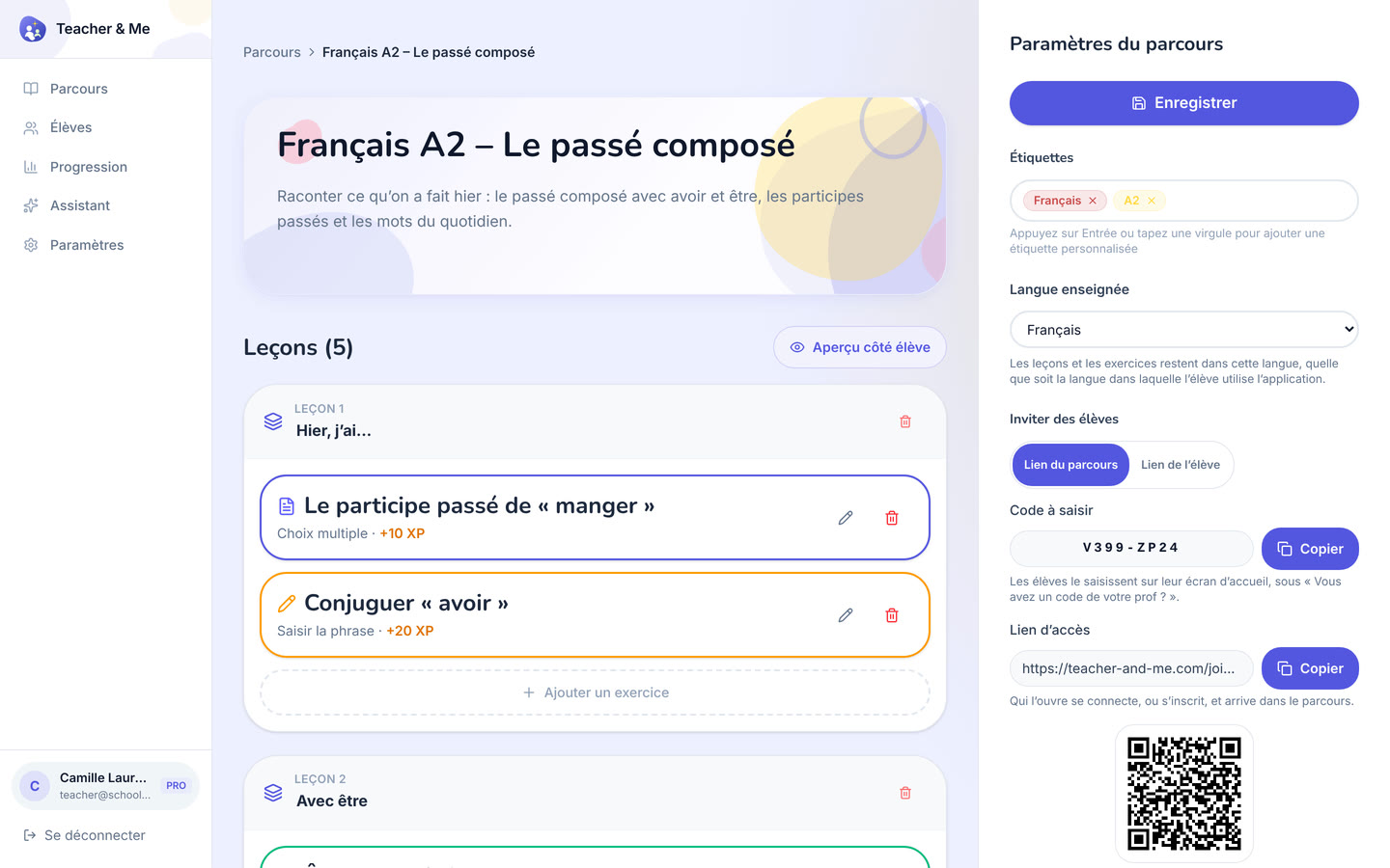 Path editor on desktop: One path opened for editing: its lessons, in order. Interface in French, invented demo data.