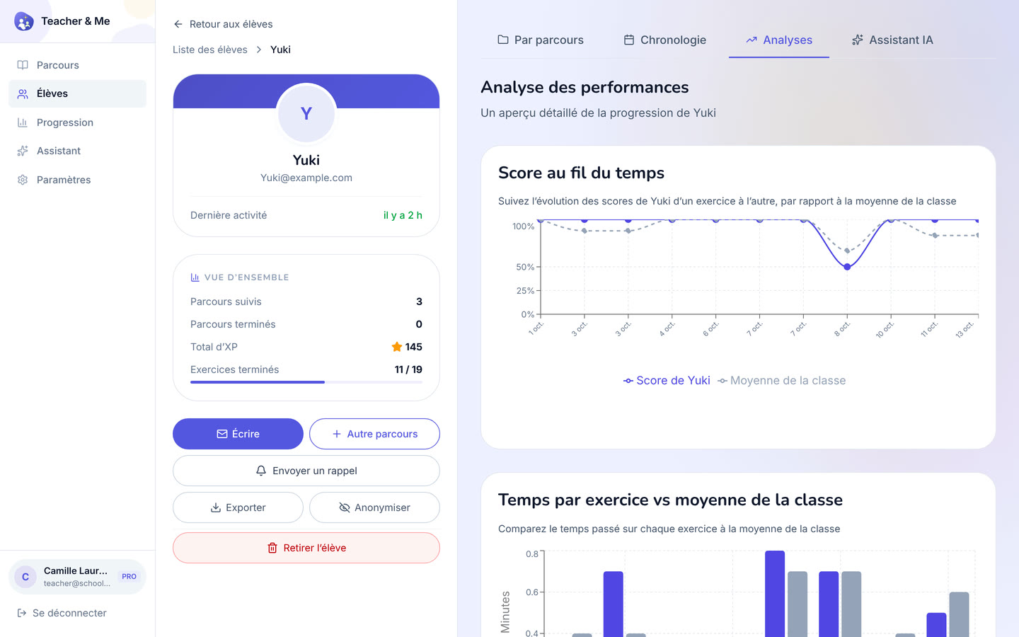 Per-student analytics on desktop: The diagnostic view: how one student performed, exercise by exercise. Interface in French, invented demo data.