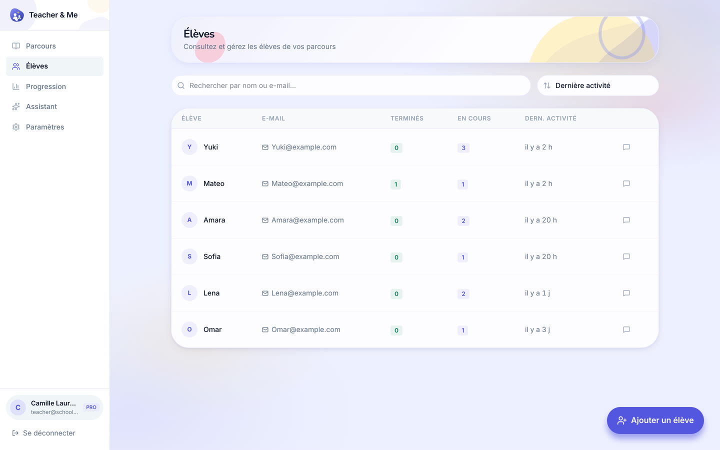 Students on desktop: The tutor’s roster: every student they teach, in one searchable list. Interface in French, invented demo data.