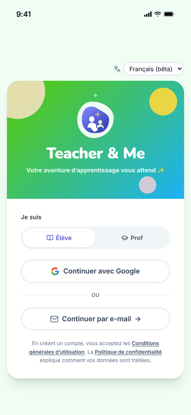 Sign in on phone: The single sign-in card, shared by students and tutors. Interface in French, invented demo data.