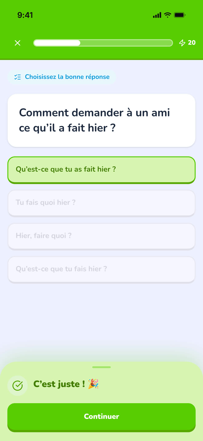 Multiple choice, answered on phone: A multiple-choice question just answered correctly, showing the feedback state. Interface in French, invented demo data.