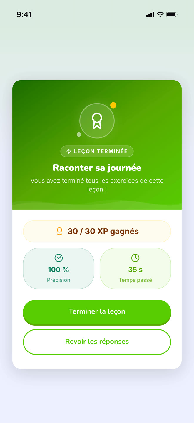 Lesson complete on phone: The card that closes a finished lesson. Interface in French, invented demo data.