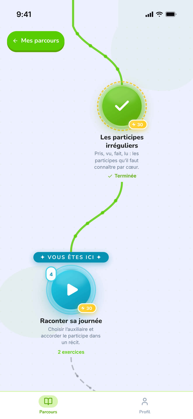 Lesson map on phone: The winding map the student walks, one lesson at a time. Interface in French, invented demo data.