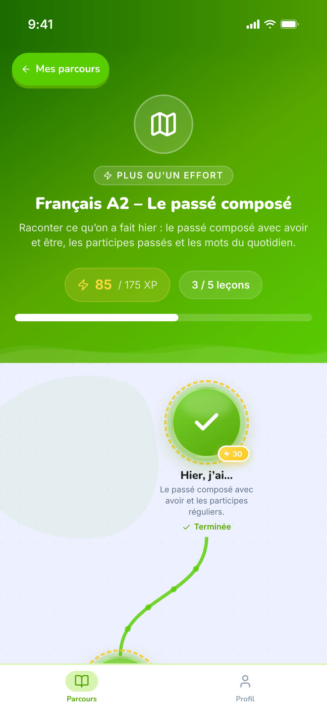 Path header on phone: The top of one path: its title, XP and progress, above the map. Interface in French, invented demo data.
