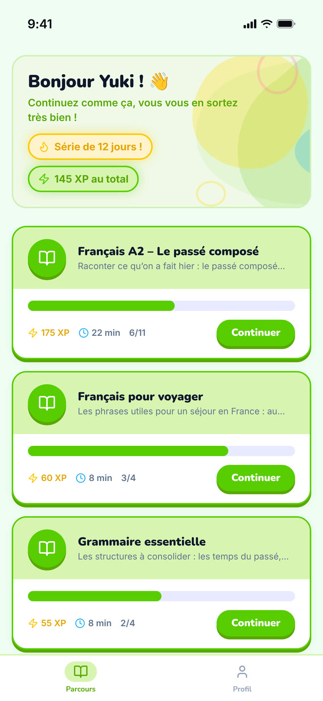 My paths on phone: The student’s home: the paths their tutor assigned them. Interface in French, invented demo data.