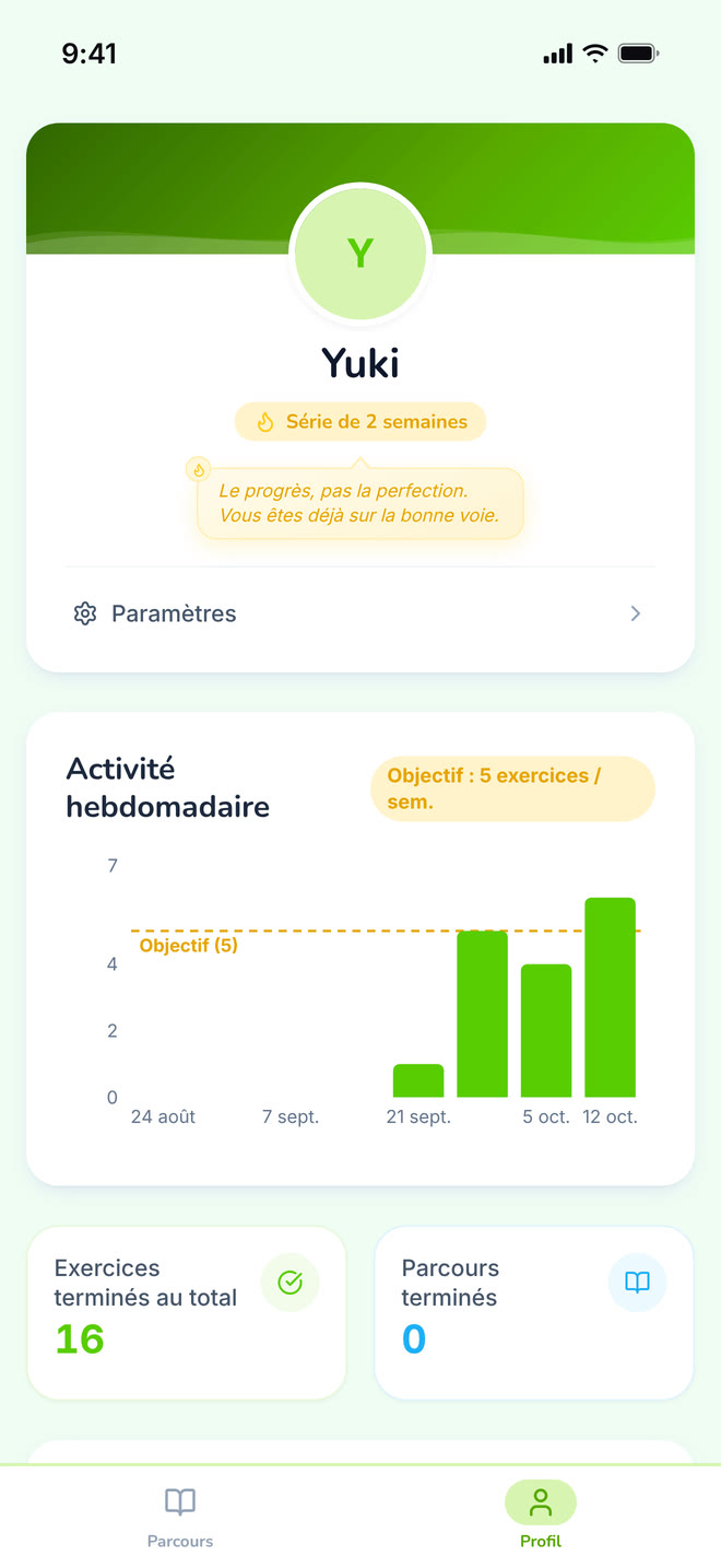 Student profile on phone: The student’s own progress, away from any single path. Interface in French, invented demo data.