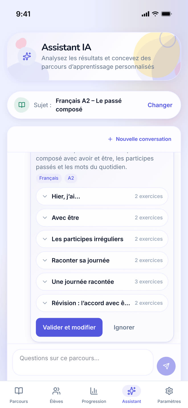 Assistant on phone: The assistant answering a question about a path and proposing a lesson to add, with an approve control. Interface in French, invented demo data.