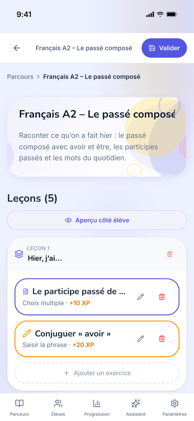 Path editor on phone: One path opened for editing: its lessons, in order. Interface in French, invented demo data.