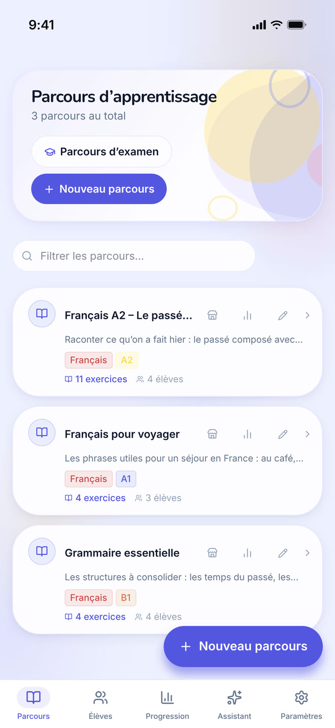 Learning paths on phone: The tutor’s own paths, the first screen after signing in as a teacher. Interface in French, invented demo data.