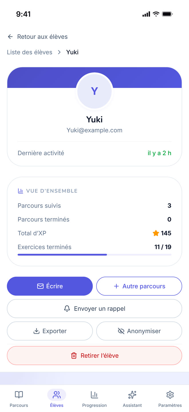 One student on phone: A single student’s page, on the "By Path" tab. Interface in French, invented demo data.
