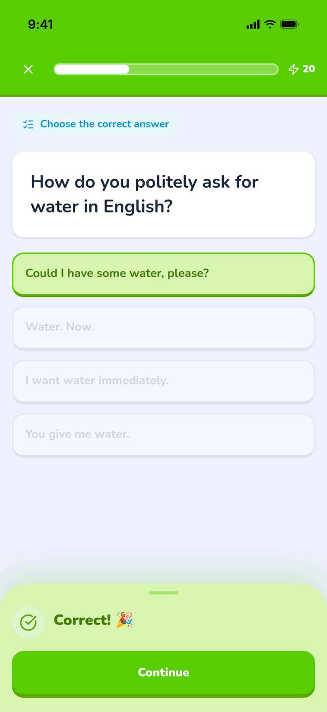 Multiple choice, answered on phone: A multiple-choice question just answered correctly, showing the feedback state. Interface in English, invented demo data.