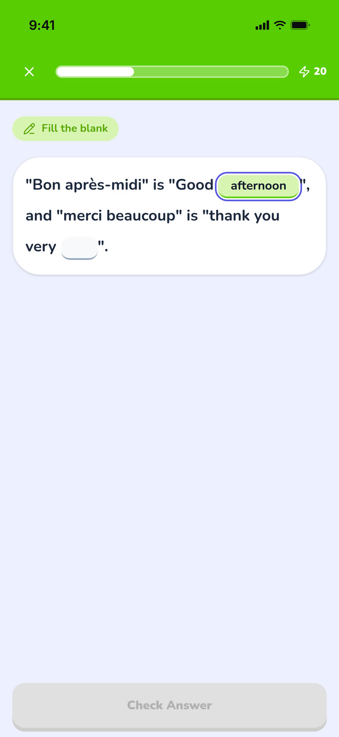 Fill in the blank on phone: A sentence with two gaps, the first one typed in. Interface in English, invented demo data.