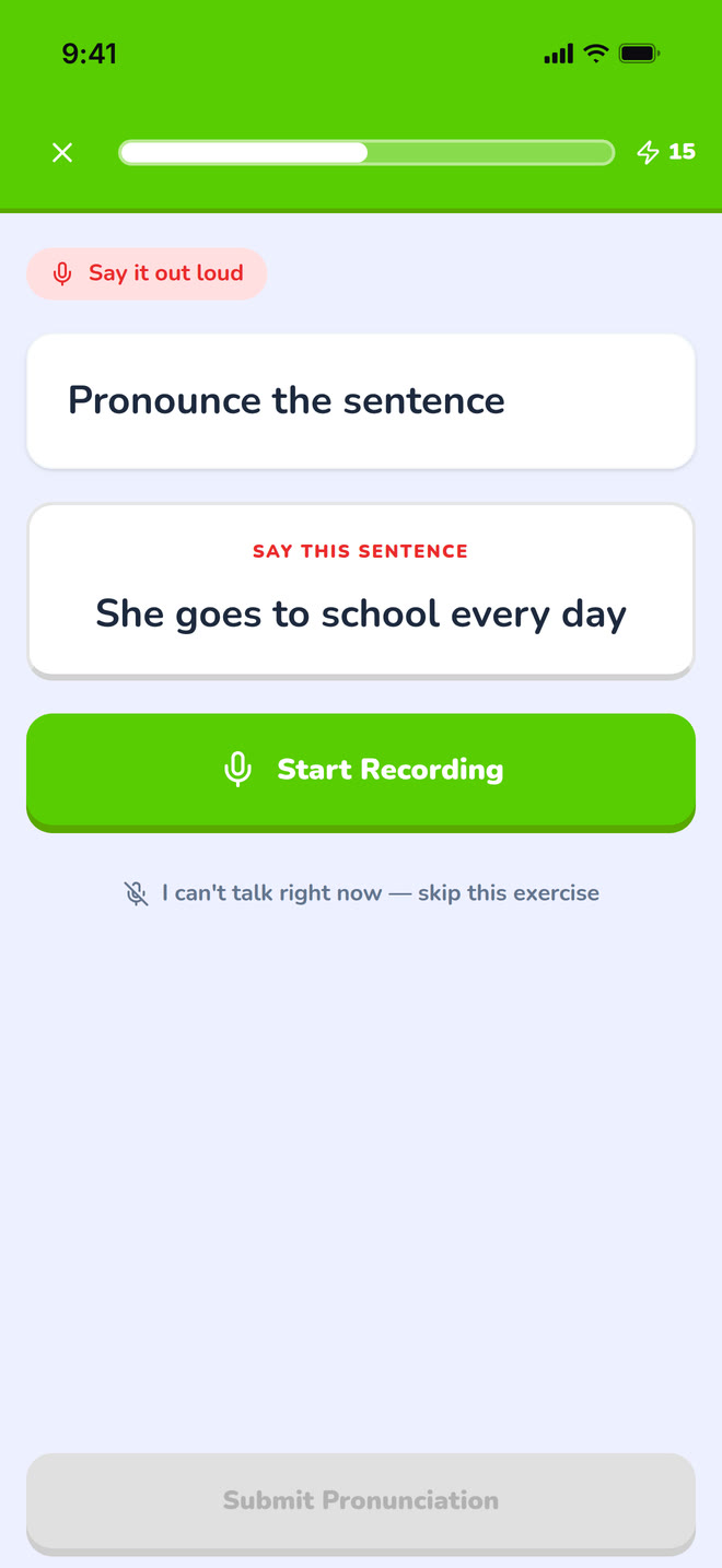 Pronunciation on phone: The pronunciation exercise at rest, before recording. Interface in English, invented demo data.