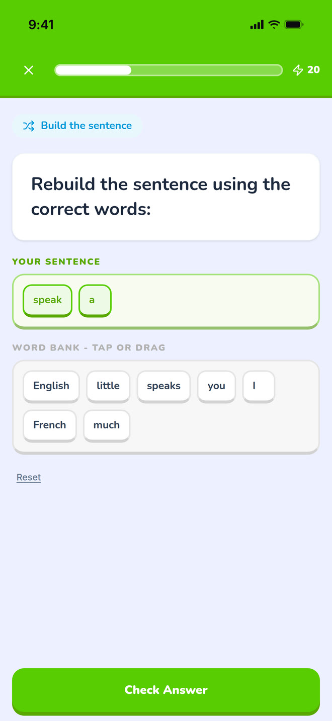 Sentence tiles on phone: The tile builder mid-answer: a sentence being assembled word by word. Interface in English, invented demo data.