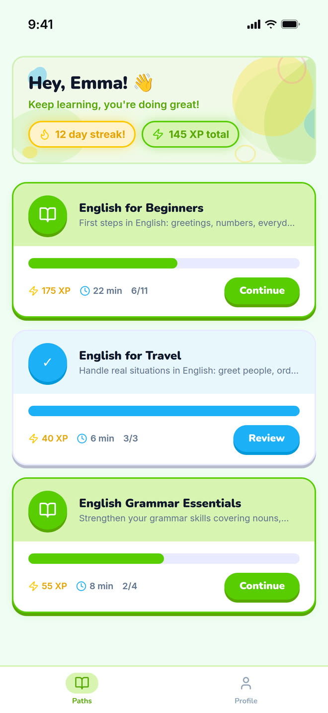My paths on phone: The student’s home: the paths their tutor assigned them. Interface in English, invented demo data.