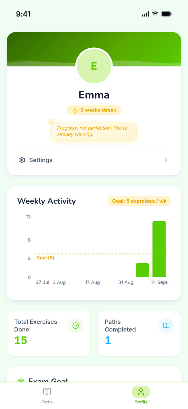 Student profile on phone: The student’s own progress, away from any single path. Interface in English, invented demo data.