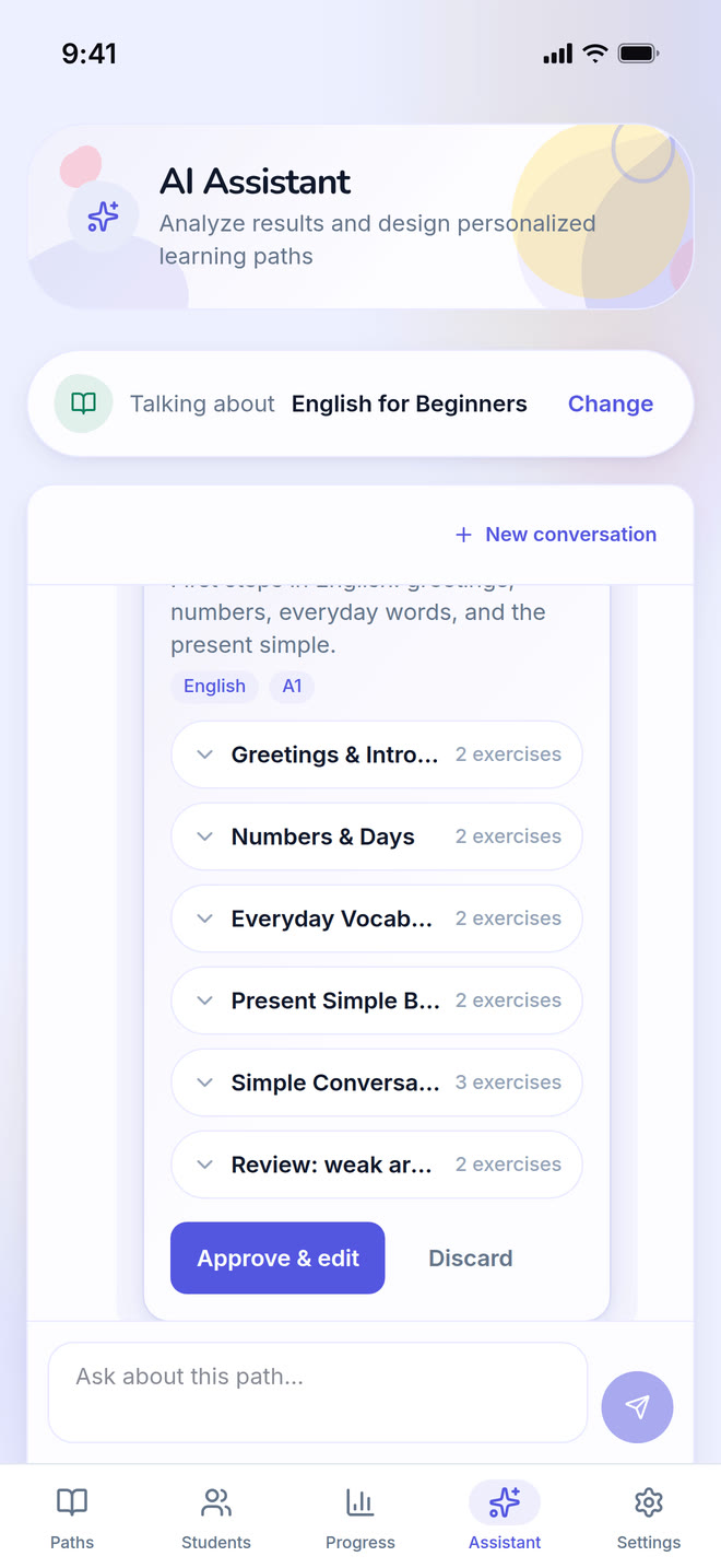 Assistant on phone: The assistant answering a question about a path and proposing a lesson to add, with an approve control. Interface in English, invented demo data.