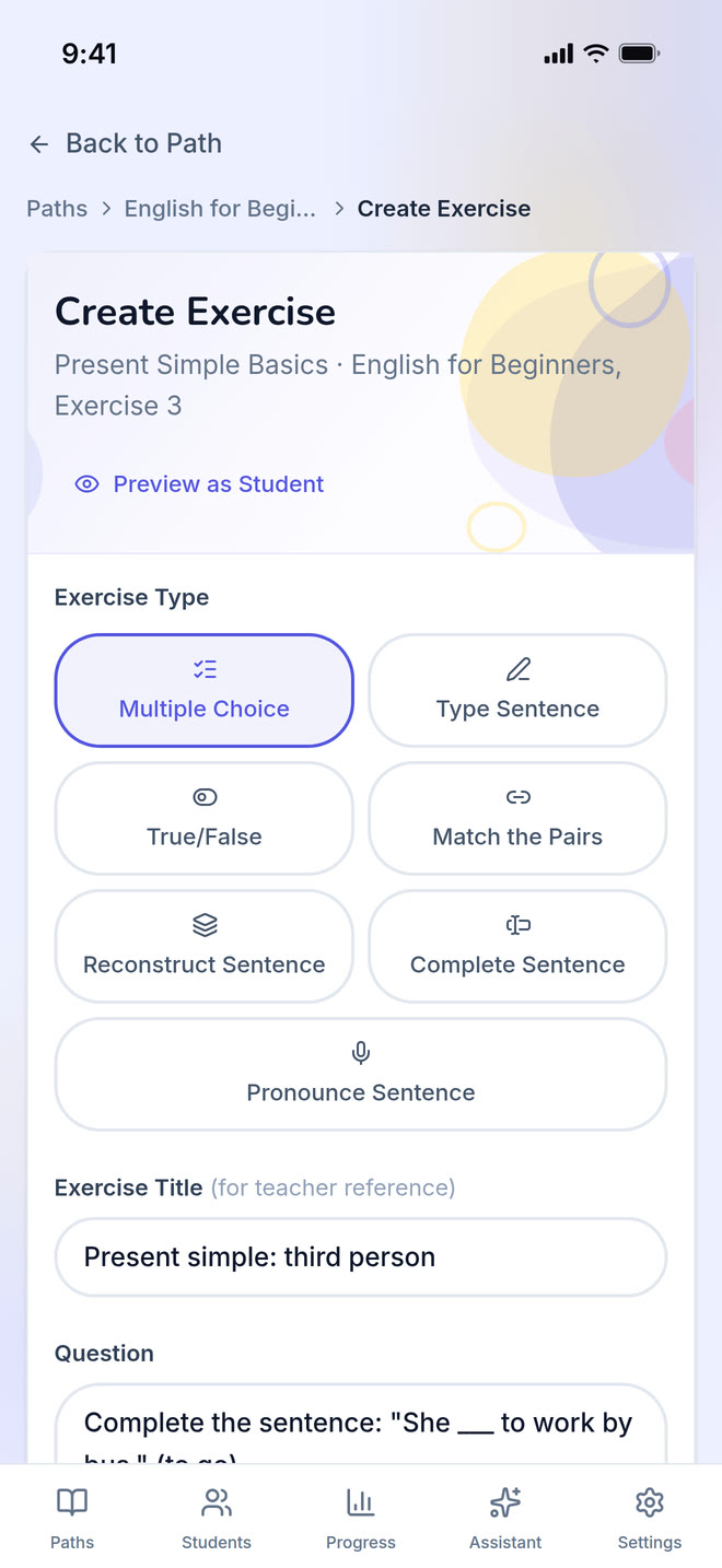 Exercise editor on phone: The form one exercise is written in, filled with a multiple-choice question. Interface in English, invented demo data.