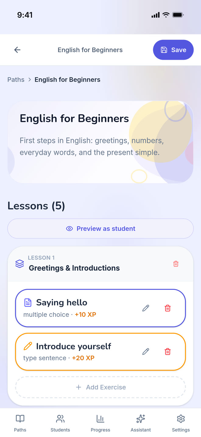 Path editor on phone: One path opened for editing: its lessons, in order. Interface in English, invented demo data.
