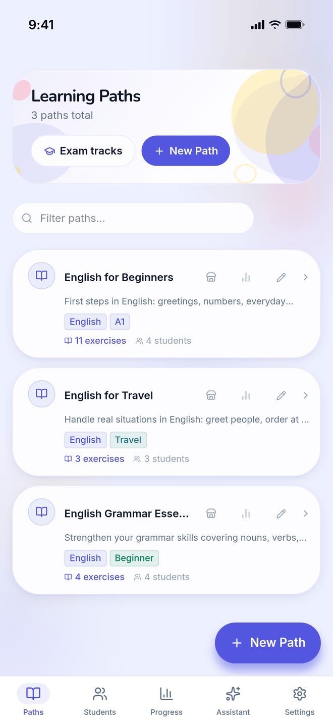 Learning paths on phone: The tutor’s own paths, the first screen after signing in as a teacher. Interface in English, invented demo data.