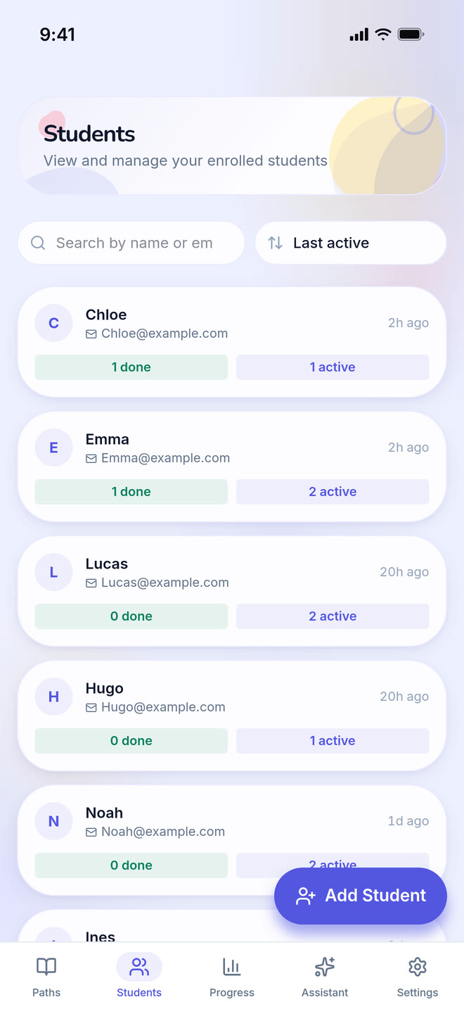 Students on phone: The tutor’s roster: every student they teach, in one searchable list. Interface in English, invented demo data.