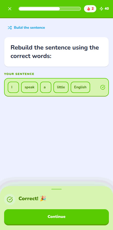 Poster frame: Two exercise types on phone: A multiple-choice question and a sentence built from word tiles, each answered with its instant feedback.
