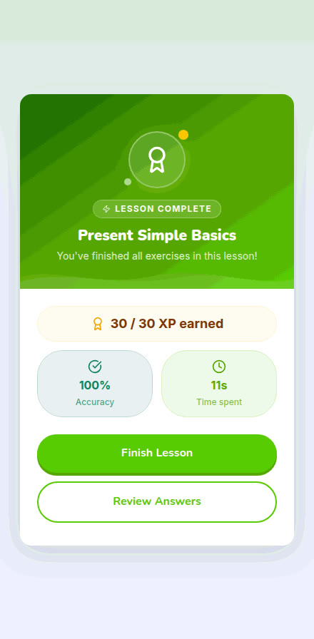Poster frame: A lesson, start to finish on phone: A student picks a path, opens the current lesson, answers its exercises and reaches the completion card.