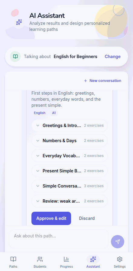 Poster frame: Asking the assistant on phone: A tutor asks the assistant what to teach next, and reviews the lesson it proposes before applying it.